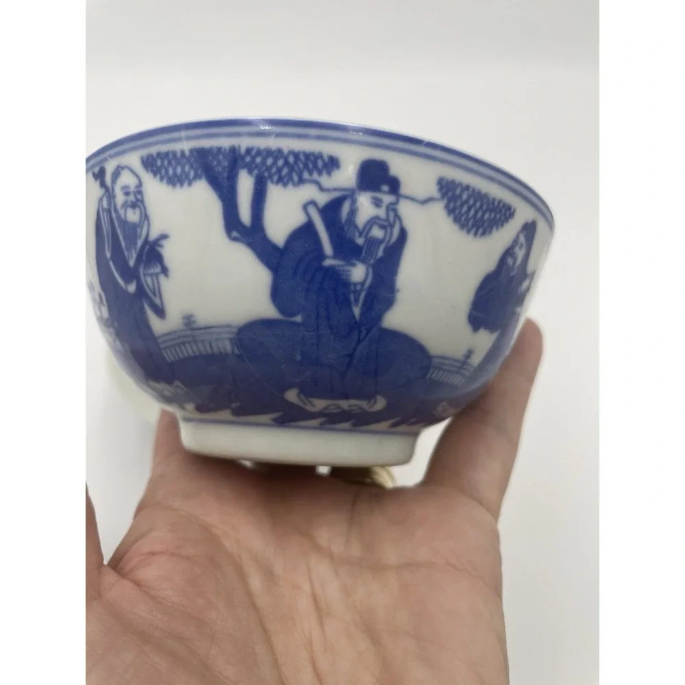 Set of 3 Antique Japanese‎ Chinese Asian Blue & White Rice Bowls
